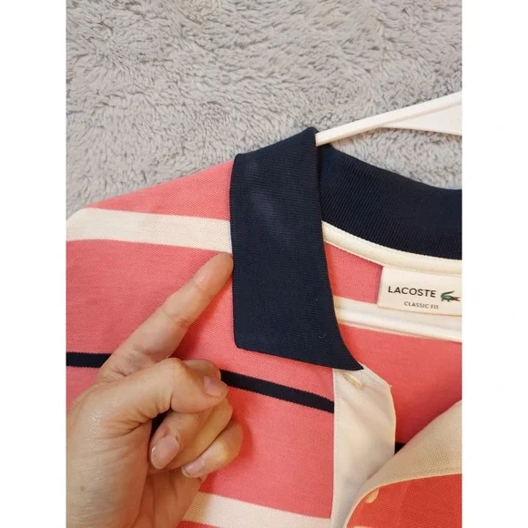 Lacoste Polo Shirt Mens Large Size 7 Striped Pink Classic Fit Preppy Contrast L - Picture 4 of 9